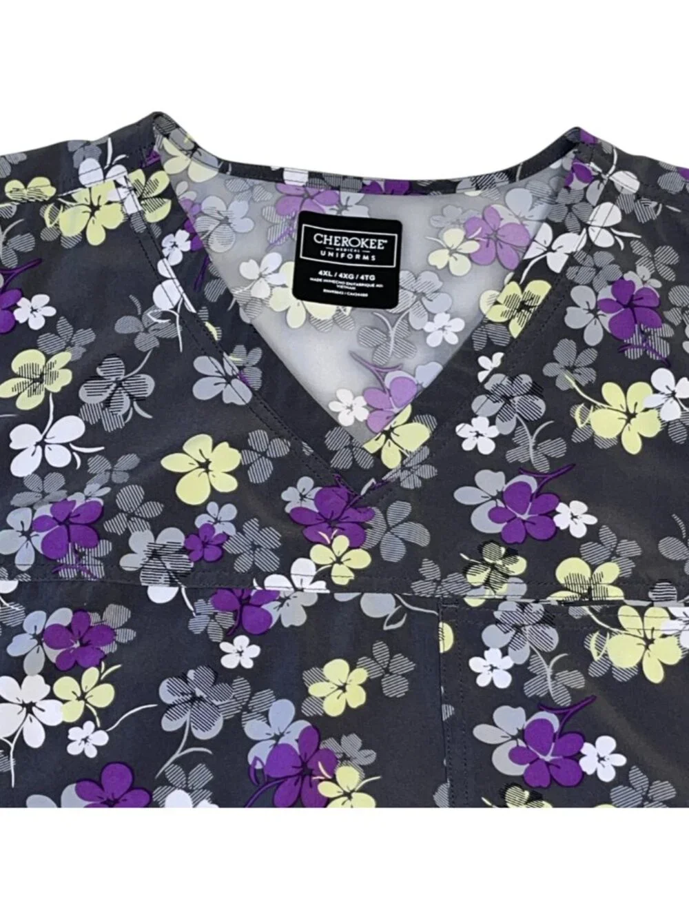 Cherokee Women's Plus Sz 4XL Scrub Top Gray Purple Floral Flower Nurse Vet Tech
